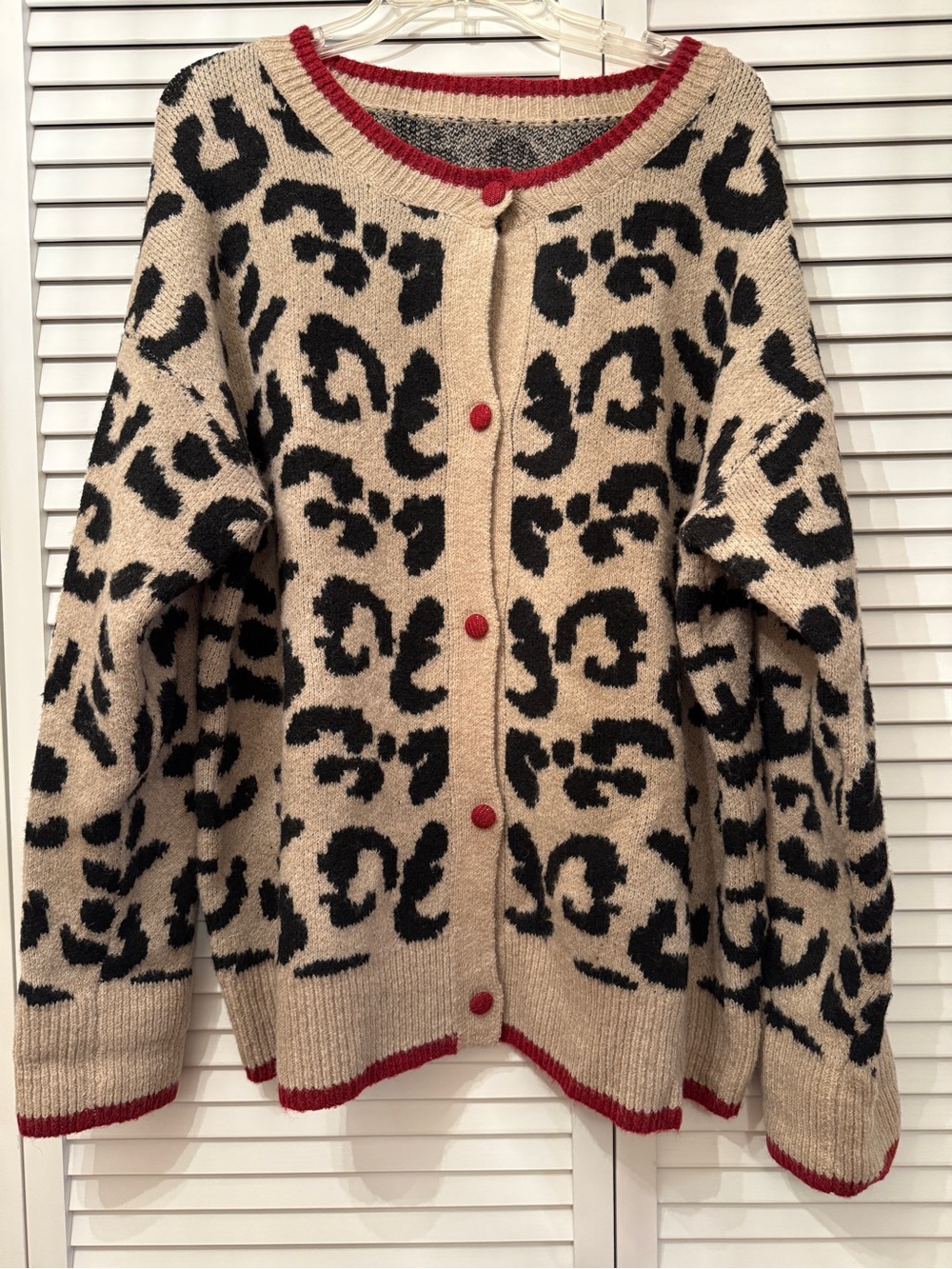 Beige Leopard Knit Cardigan with Red Trim - Women Sweater